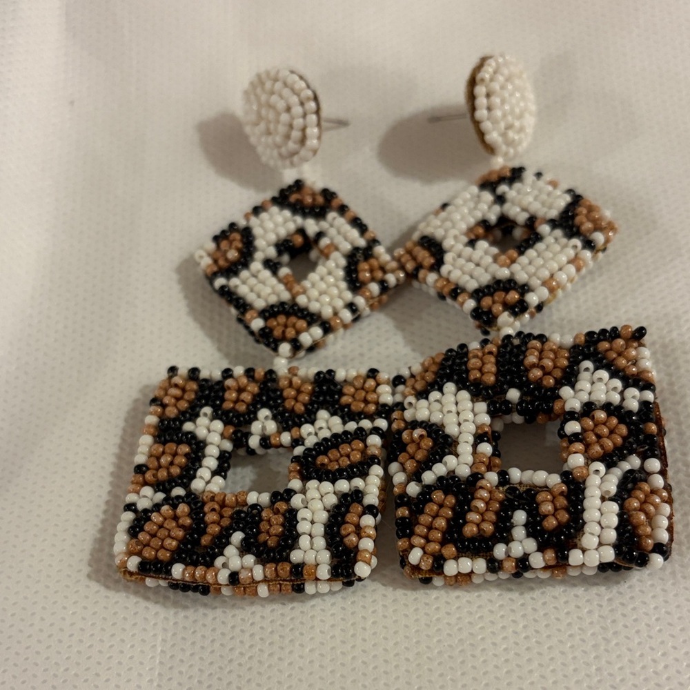 MudPie Beaded Leopard Print Drop Earrings - White and Brown